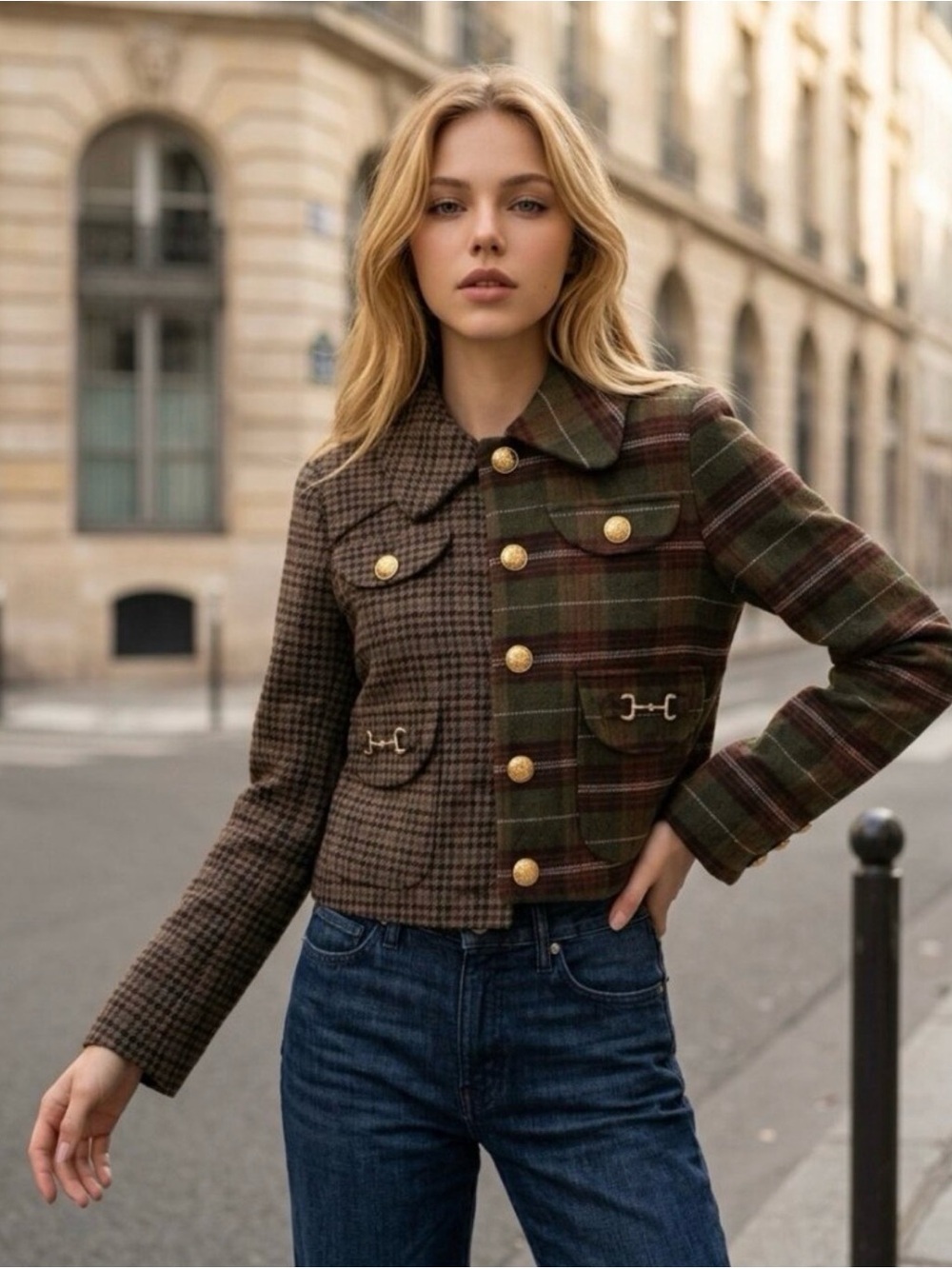 Avec les filles green mixed Plaid gold horsebit buckle button up Jacket - Picture 3 of 4